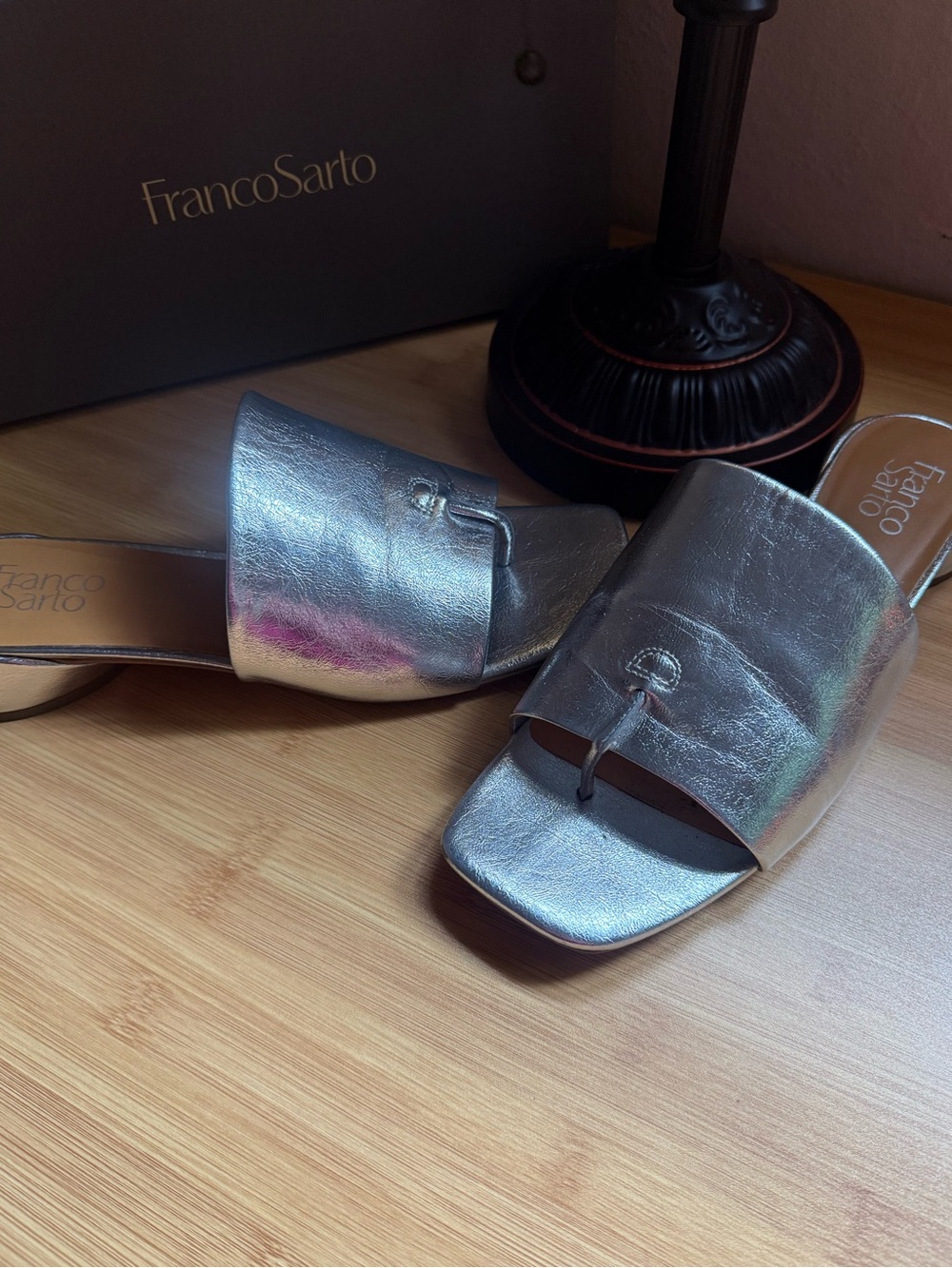 Franco Sarto Metallic Silver Toe-Loop Slide Mules